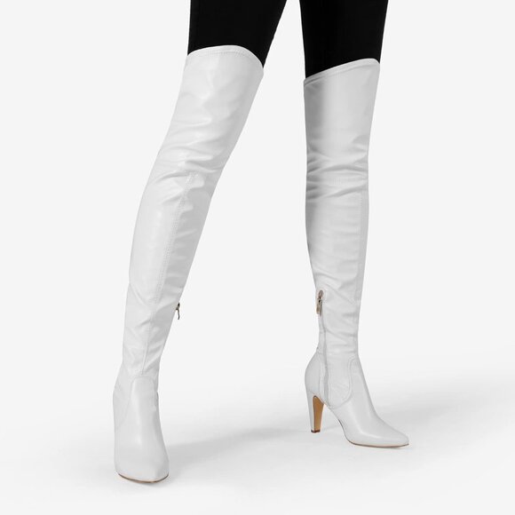 Women's White/Pu Faux Leather Thigh High Over The Knee Long Pointed Toe Boots - Picture 5 of 6